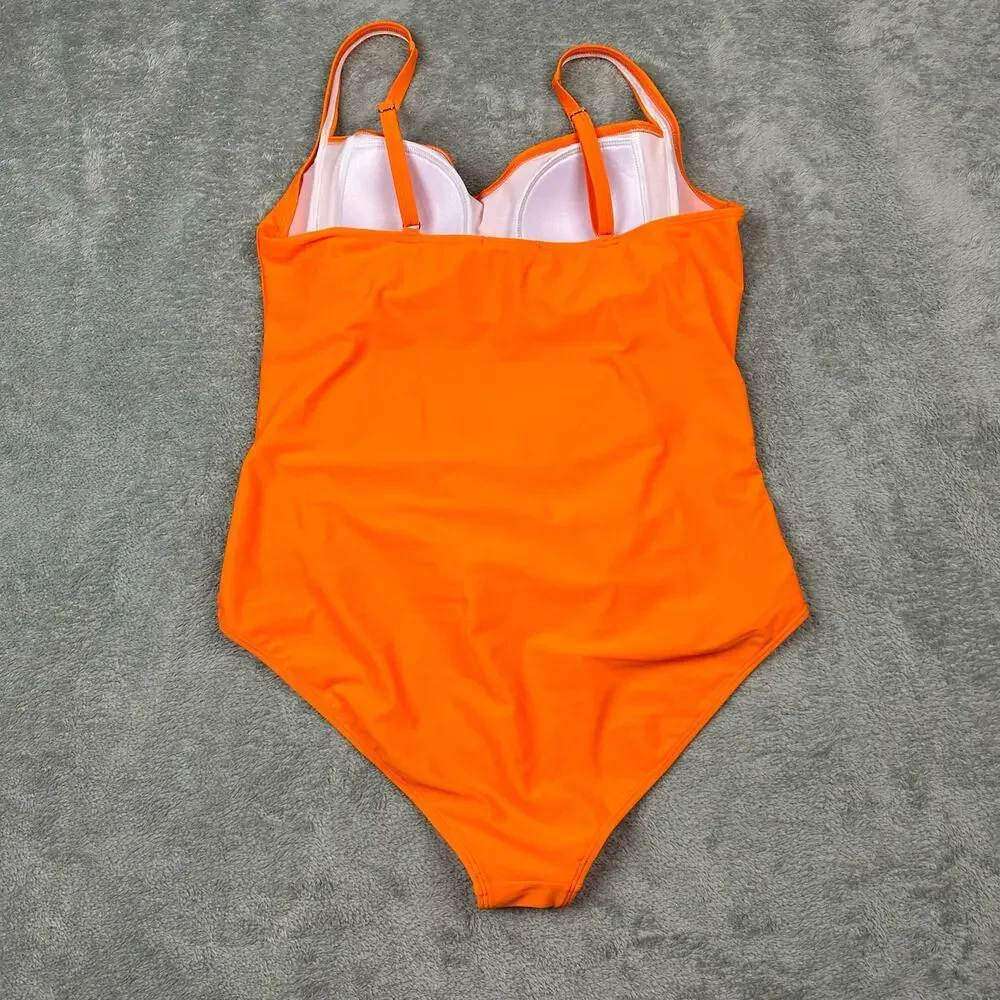Ekouaer One Piece Swimsuit‎ Women XXL Orange Excellent Ruched Sweetheart Neck